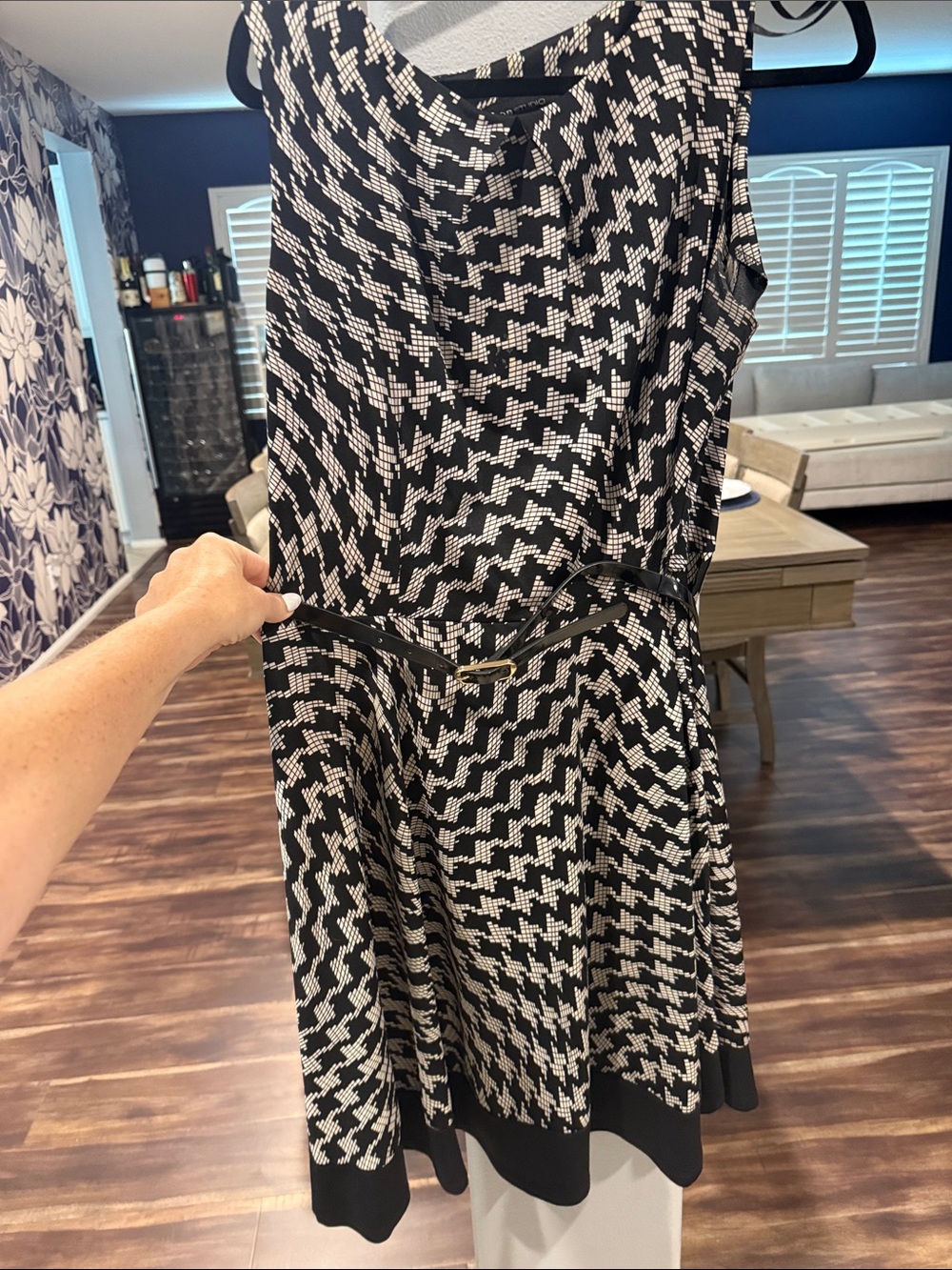 Black and White Houndstooth A-Line Dress with Belt